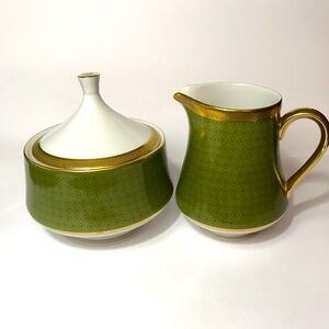 Art Deco Fine China Mikasa Kinsley CREAMER & SUGAR BOWL  GREEN & GOLD